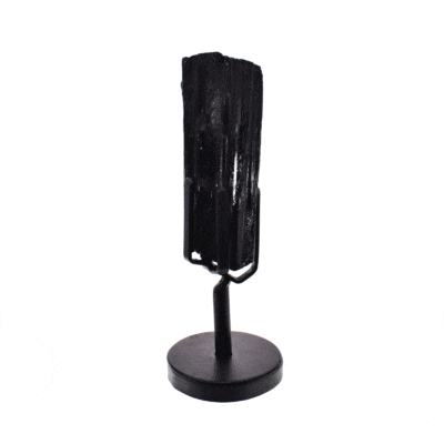 Rough natural black tourmaline gemstone, set on a sleek black metal base, with a total height of 23cm.