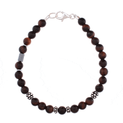 Handmade bracelet with natural red tiger eye and hematite gemstones, decorative elements and clasp made of sterling silver. Buy online shop.