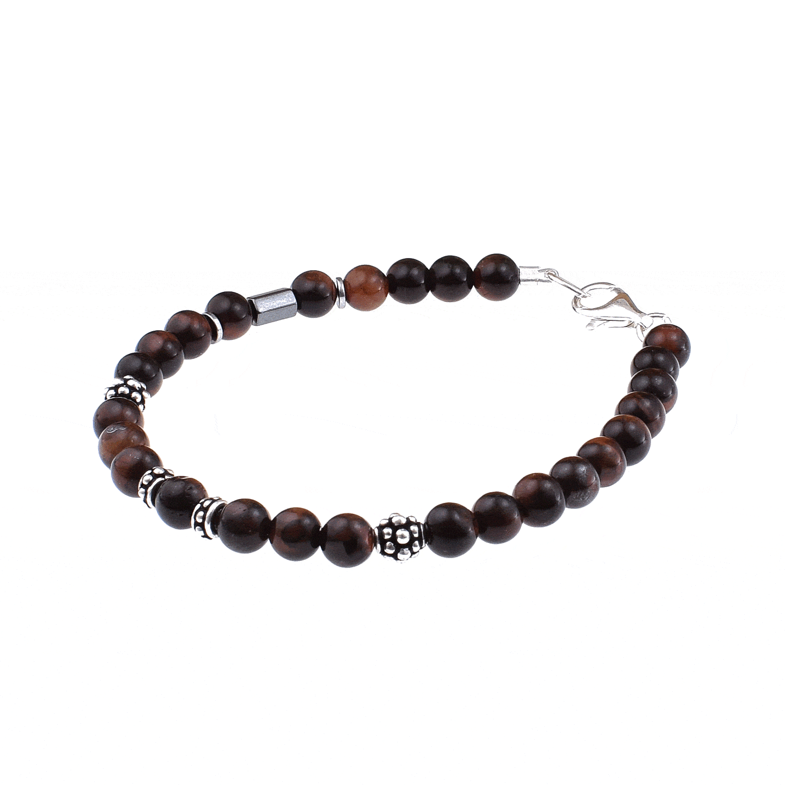 Handmade bracelet with natural red tiger eye and hematite gemstones, decorative elements and clasp made of sterling silver. Buy online shop.