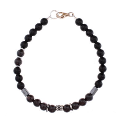 Handmade bracelet with natural Onyx, Garnet and Hematite gemstones. The bracelet has decorative elements and clasp made of sterling silver. Buy online shop.