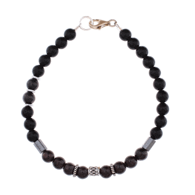 Handmade bracelet with natural Onyx, Garnet and Hematite gemstones. The bracelet has decorative elements and clasp made of sterling silver. Buy online shop.