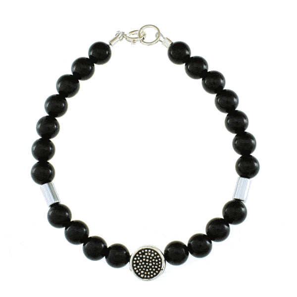 Handmade bracelet with natural black tourmaline and hematite gemstones. The bracelet has a central element and clasp made of sterling silver. Buy online shop.