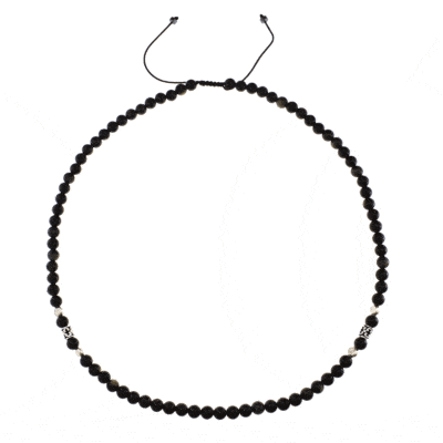 Handmade macrame necklace with natural Obsidian gemstones, threaded on a black string. The necklace is decorated with elements made of sterling silver. Buy online shop.