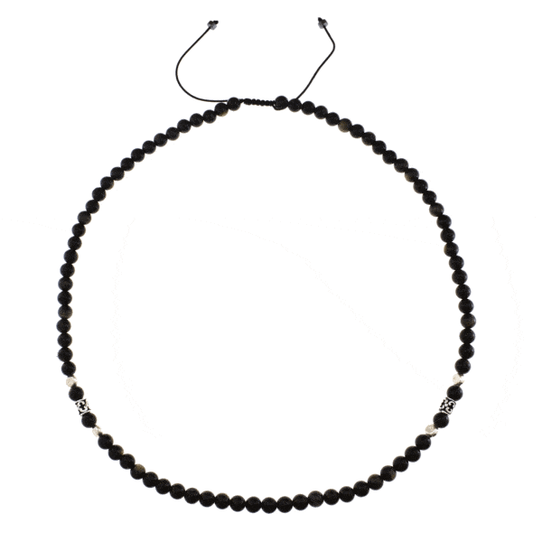 Handmade macrame necklace with natural Obsidian gemstones, threaded on a black string. The necklace is decorated with elements made of sterling silver. Buy online shop.