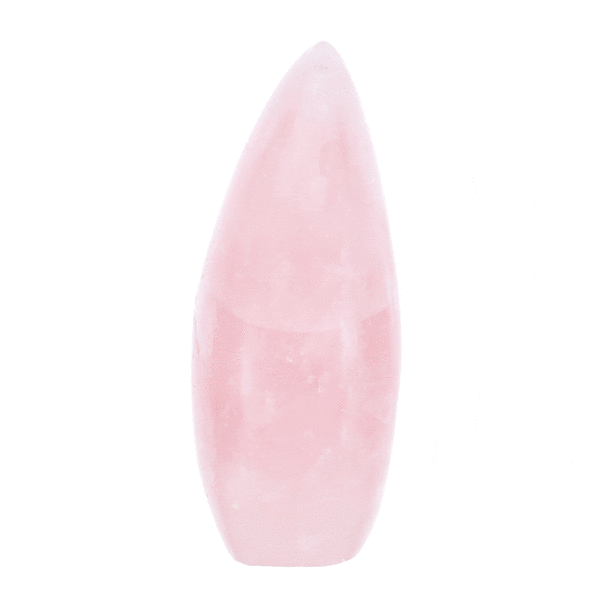 Polished piece of natural rose quartz gemstone, with a height of 11.5cm. Buy online shop.