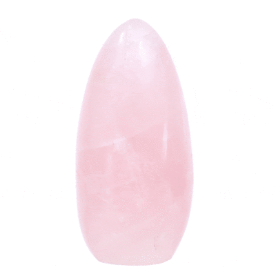 Polished piece of natural rose quartz gemstone, with a height of 11.5cm. Buy online shop.