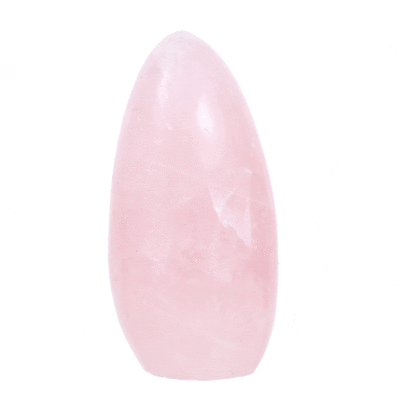 Polished piece of natural rose quartz gemstone, with a height of 11.5cm. Buy online shop.