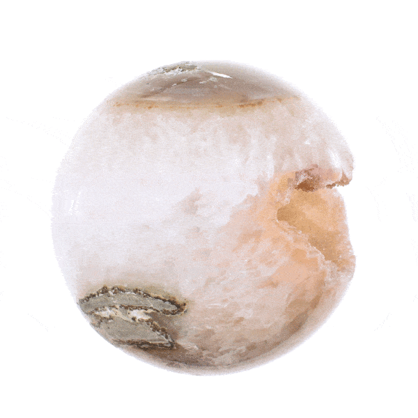 Sphere made of natural agate gemstone with crystal quartz and a diameter of 8cm. The sphere is placed on a transparent base (plexiglass). Buy online shop.