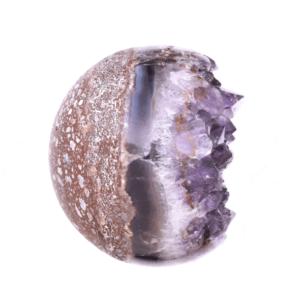 Sphere made of natural amethyst gemstone with a diameter of 10cm, placed on a metallic base. Buy online shop.