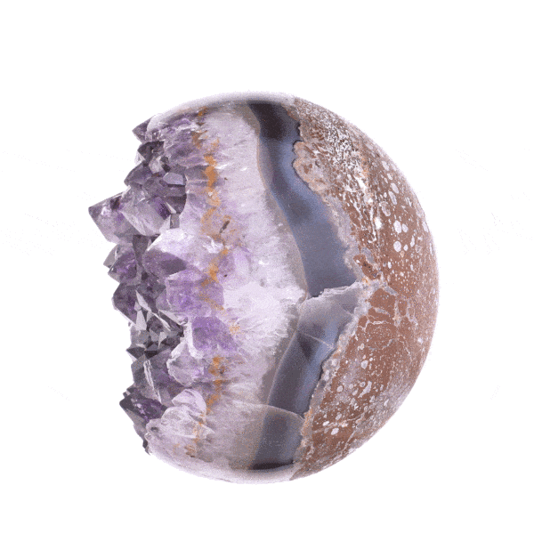 Sphere made of natural amethyst gemstone with a diameter of 10cm, placed on a metallic base. Buy online shop.