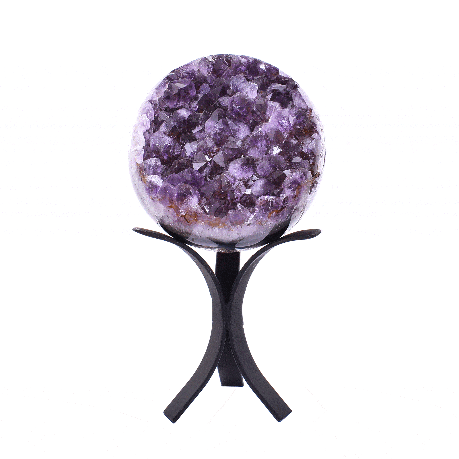 Sphere made of natural amethyst gemstone with a diameter of 10cm, placed on a metallic base. Buy online shop.