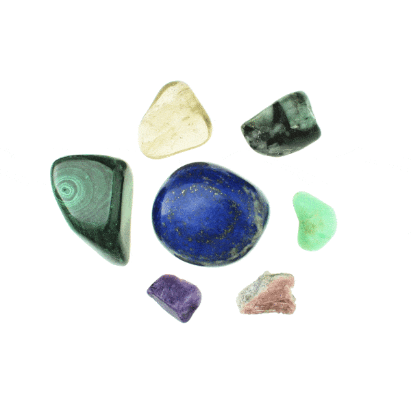 Natural gemstone collection, which includes raw pink tourmaline piece and polished lapis lazuli, emerald, malachite, charoite, chrysoprase and rutilated crystal quartz pieces. Buy online shop.