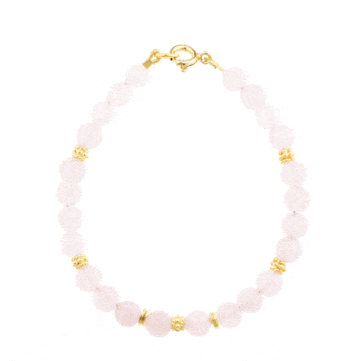 Handmade bracelet with natural rose quartz gemstones and decorative elements made of gold plated sterling silver. Buy online shop.