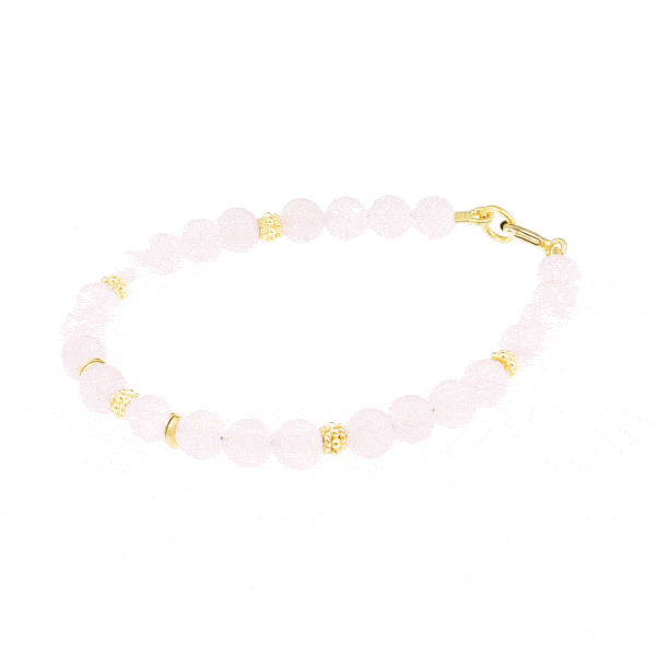 Handmade bracelet with natural rose quartz gemstones and decorative elements made of gold plated sterling silver. Buy online shop.