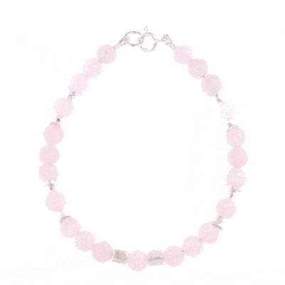 Handmade bracelet with natural rose quartz gemstones and decorative elements made of sterling silver. Buy online shop.