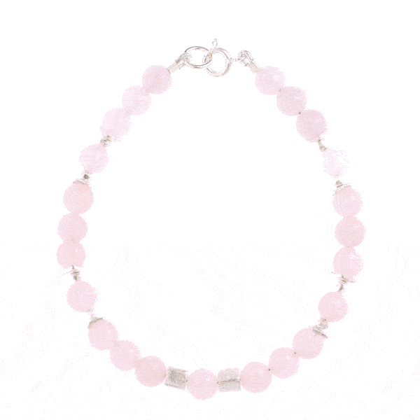 Handmade bracelet with natural rose quartz gemstones and decorative elements made of sterling silver. Buy online shop.