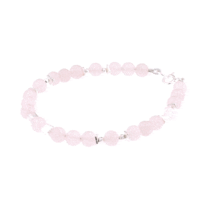 Handmade bracelet with natural rose quartz gemstones and decorative elements made of sterling silver. Buy online shop.