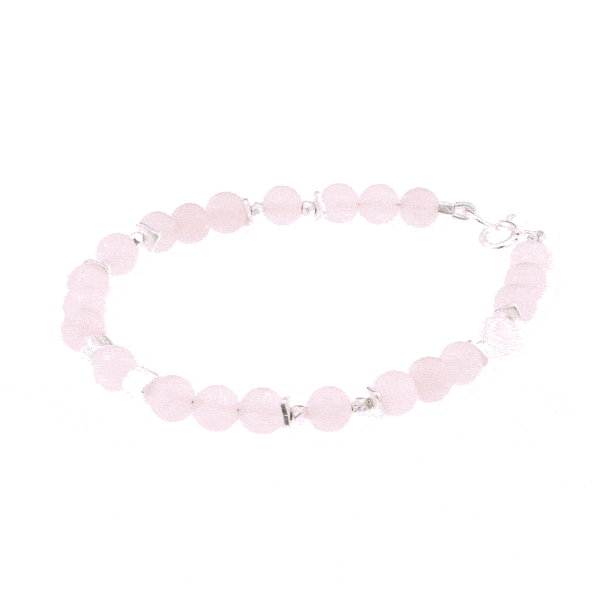 Handmade bracelet with natural rose quartz gemstones and decorative elements made of sterling silver. Buy online shop.
