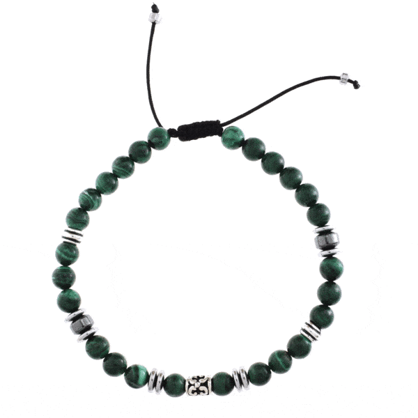 Handmade macrame bracelet with natural Malachite and Hematite gemstones, threaded on a black string. The bracelet is decorated with elements made of sterling silver. Buy online shop.