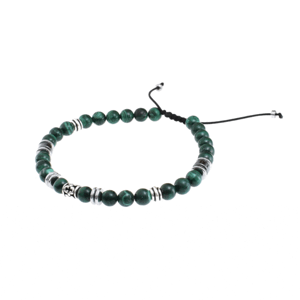 Handmade macrame bracelet with natural Malachite and Hematite gemstones, threaded on a black string. The bracelet is decorated with elements made of sterling silver. Buy online shop.