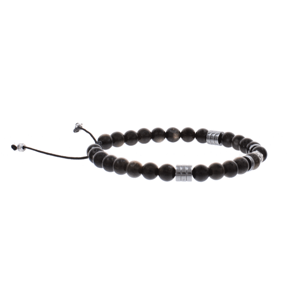 Handmade macrame bracelet with natural obsidian and hematite gemstones, threaded on a black string. The bracelet is decorated with sterling silver elements. Buy online shop.