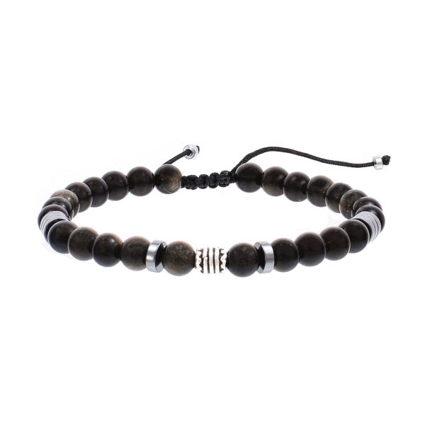 Handmade macrame bracelet with natural obsidian and hematite gemstones, threaded on a black string. The bracelet is decorated with sterling silver elements. Buy online shop.