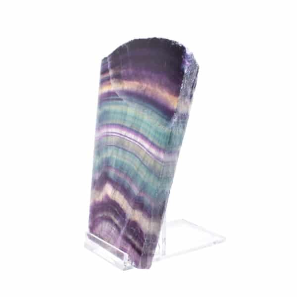 A 15.5cm polished slice of natural fluorite gemstone. The fluorite comes with a silicone base. Buy online shop.