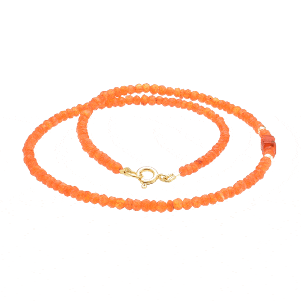 Handmade necklace with natural carnelian gemstones and decorative elements made of gold plated sterling silver. Buy online shop.