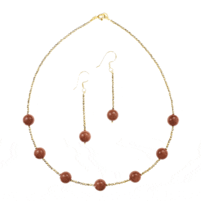 Handmade necklace and earrings set with Goldstone, Pyrite and details made of gold plated sterling silver. Buy online shop.