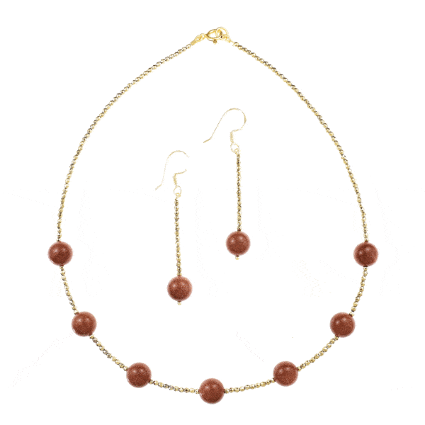 Handmade necklace and earrings set with Goldstone, Pyrite and details made of gold plated sterling silver. Buy online shop.