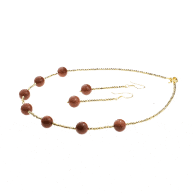 Handmade necklace and earrings set with Goldstone, Pyrite and details made of gold plated sterling silver. Buy online shop.