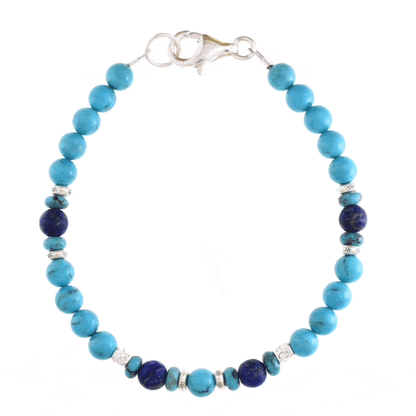 Handmade bracelet with natural Turquoise and Lapis Lazuli gemstones. The bracelet has decorative elements and clasp made of sterling silver. Buy online shop.