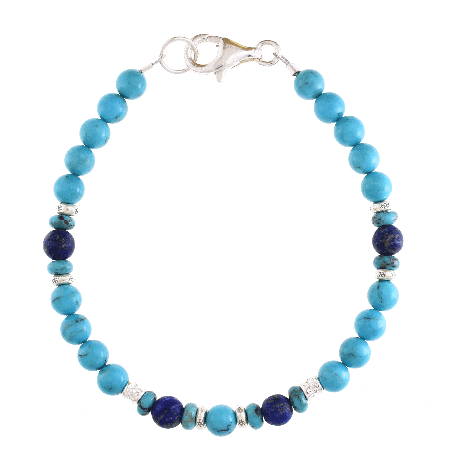 Handmade bracelet with natural Turquoise and Lapis Lazuli gemstones. The bracelet has decorative elements and clasp made of sterling silver. Buy online shop.