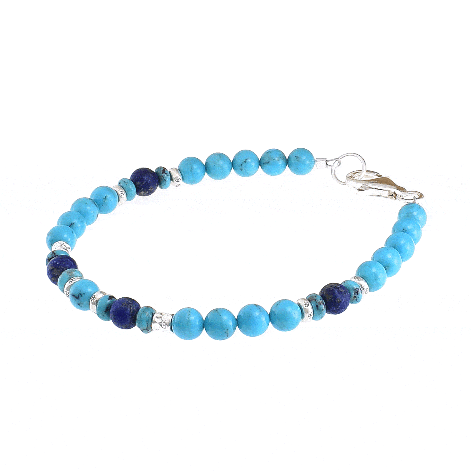 Handmade bracelet with natural Turquoise and Lapis Lazuli gemstones. The bracelet has decorative elements and clasp made of sterling silver. Buy online shop.