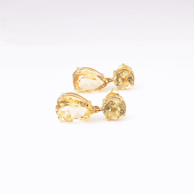 Handmade earrings made of gold plated sterling silver and natural, faceted citrine quartz gemstones in a round and teardrop shape. Buy online shop.