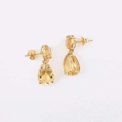 Handmade earrings made of gold plated sterling silver and natural, faceted citrine quartz gemstones in a round and teardrop shape. Buy online shop.