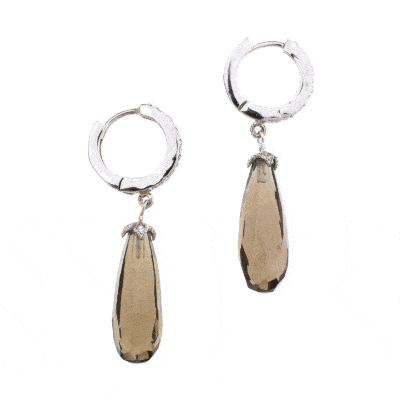 Handmade earrings made of sterling silver and natural Smoky Quartz gemstones in a tear-drop shape. Buy online shop.