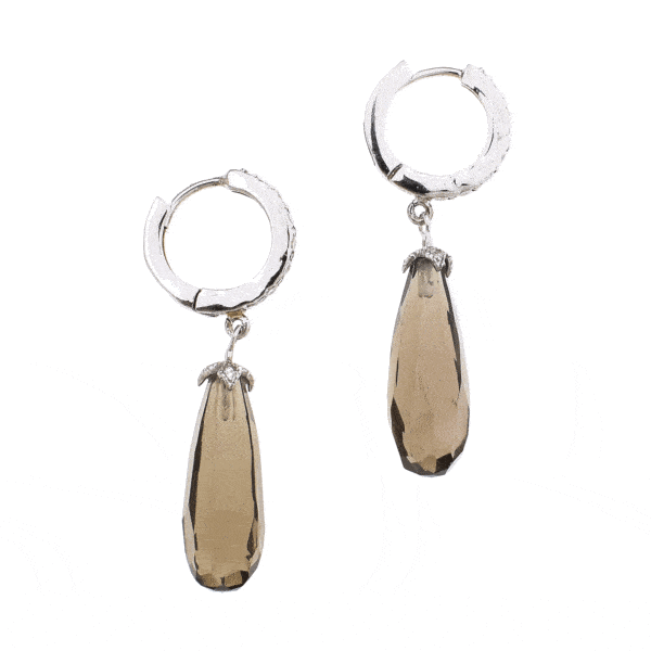 Handmade earrings made of sterling silver and natural Smoky Quartz gemstones in a tear-drop shape. Buy online shop.