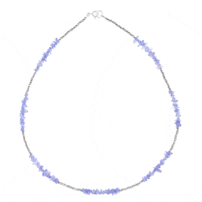 Handmade necklace with natural Tanzanite gemstones in an irregular shape (chips) and Hematite. The necklace has a sterling silver clasp. Buy online shop.