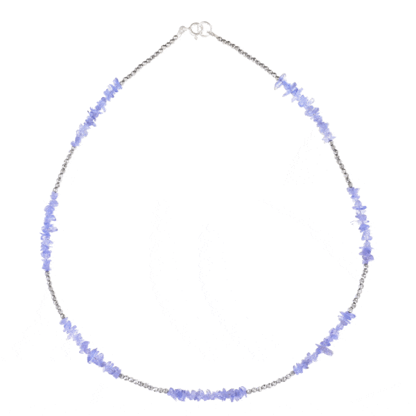 Handmade necklace with natural Tanzanite gemstones in an irregular shape (chips) and Hematite. The necklace has a sterling silver clasp. Buy online shop.