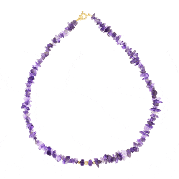 Handmade necklace with natural Amethyst chips and Pyrite gemstones and details made of gold plated sterling silver. Buy online shop.