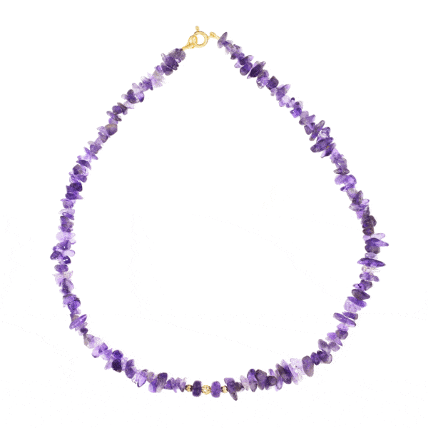 Handmade necklace with natural Amethyst chips and Pyrite gemstones and details made of gold plated sterling silver. Buy online shop.