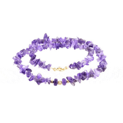 Handmade necklace with natural Amethyst chips and Pyrite gemstones and details made of gold plated sterling silver. Buy online shop.