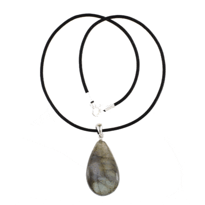 Natural Labradorite gemstone pendant, threaded on a black leather with sterling silver clasp. Buy online shop.