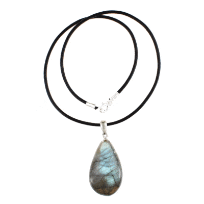 Natural Labradorite gemstone pendant, threaded on a black leather with sterling silver clasp. Buy online shop.