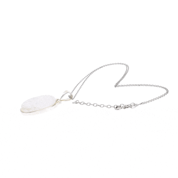 Handmade sterling silver pendant with natural white Labradorite gemstone in an oval shape. The pendant is threaded on a silver chain. Buy online shop.