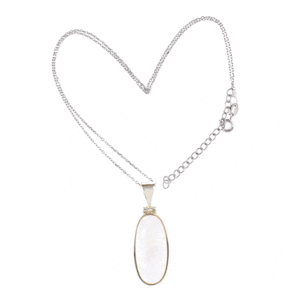 Handmade sterling silver pendant with natural white Labradorite gemstone in an oval shape. The pendant is threaded on a silver chain. Buy online shop.