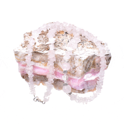 Χειροποίητο κολιέ με φυσικές πέτρες Ροζ Χαλαζία ακανόνιστου και σφαιρικού σχήματος και διακοσμητικά στοιχεία από ασήμι 925. Αγοράστε online shop.