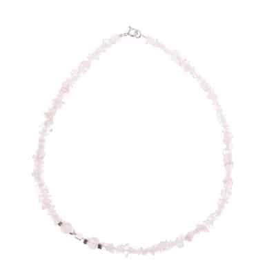 Handmade necklace made of natural rose quartz gemstones, in an irregular and spherical shape and decorative sterling silver elements. Buy online shop.
