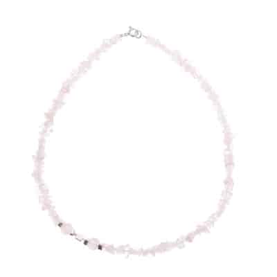 Handmade necklace made of natural rose quartz gemstones, in an irregular and spherical shape and decorative sterling silver elements. Buy online shop.